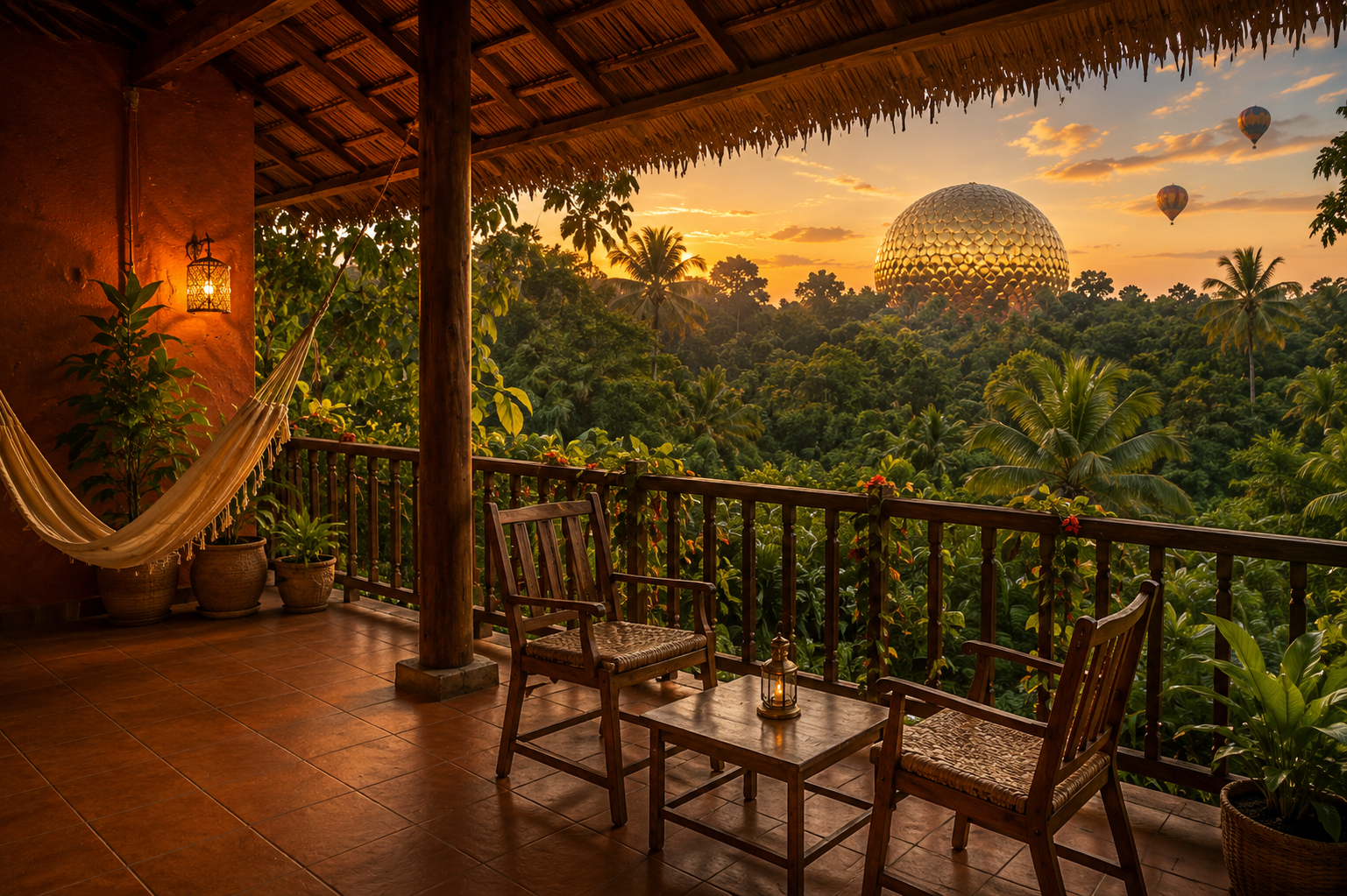 A private balcony with hammock looking out to the Matrimandir at sunset