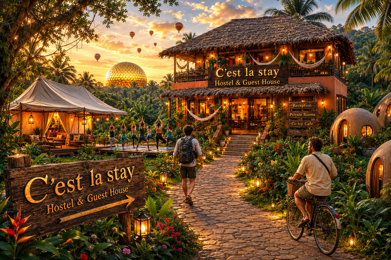 The grounds of C'est la Stay at golden hour