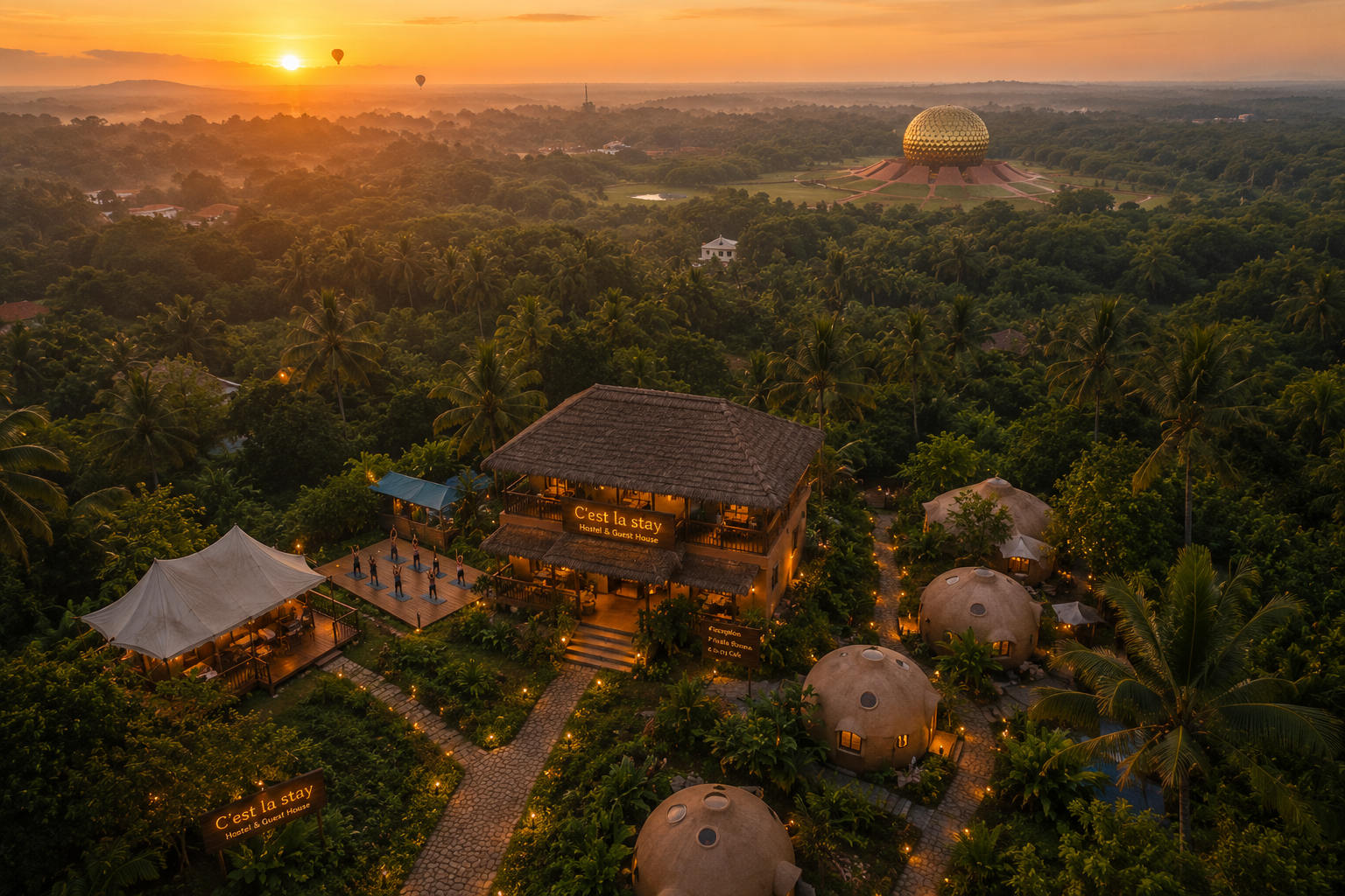 Aerial of C'est la Stay at sunrise, the Matrimandir rising from the palm canopy beyond